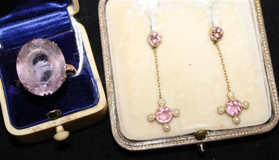 A 9ct gold and topaz dress ring and a pair of pink sapphire and seed pearl drop earrings with screw back stud fastenings